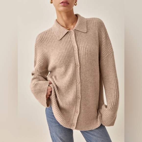 NEW Reformation Fantino Cashmere Collared Cardigan  in Oatmeal | size M - Picture 2 of 12